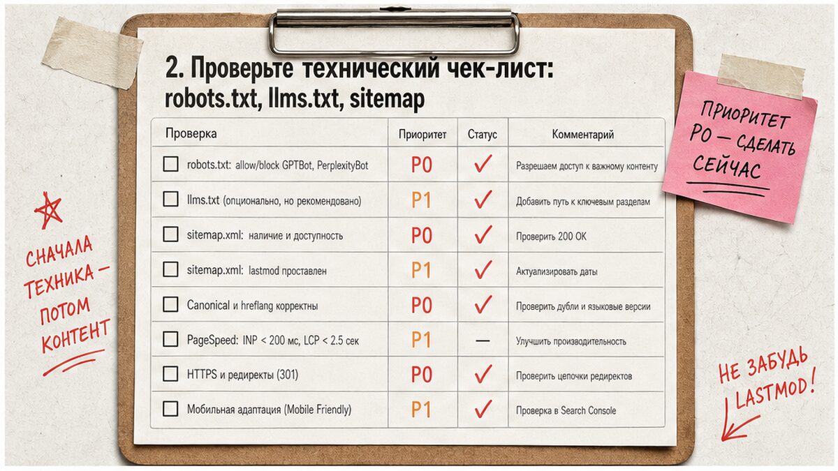 Технический чек-лист GEO SEO: robots.txt, llms.txt, sitemap и AI-боты