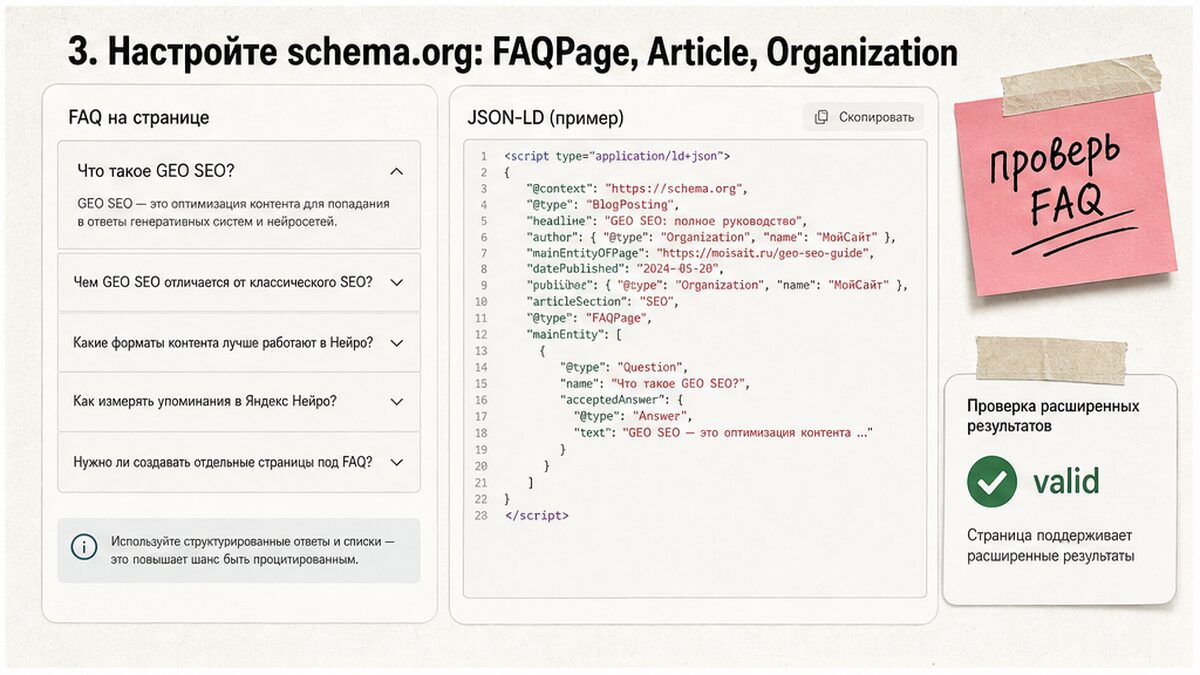 Schema.org для GEO: FAQPage, Article и Organization в JSON-LD
