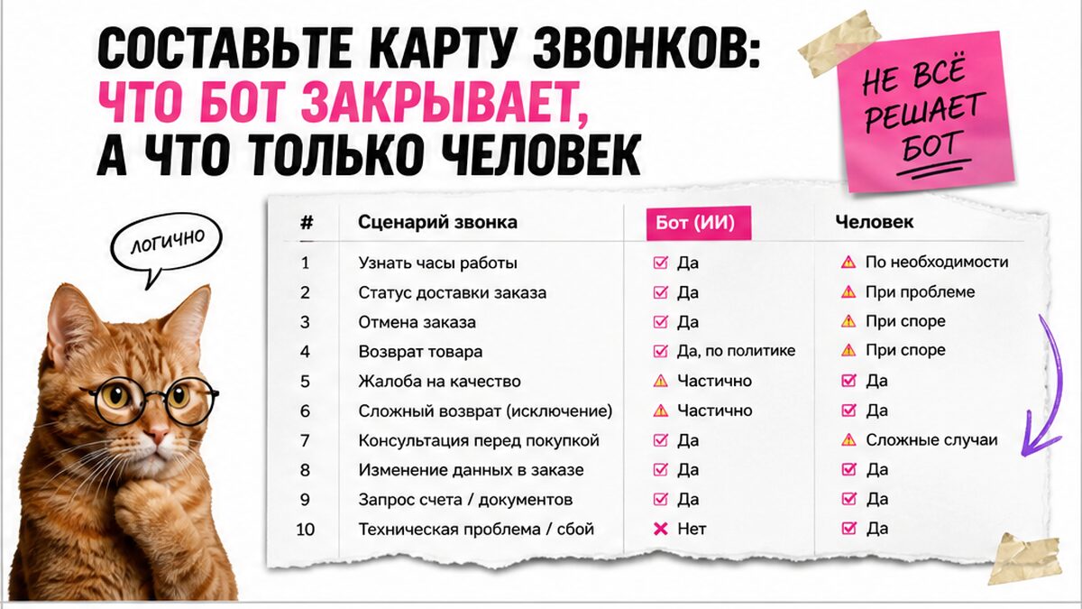 Таблица сценариев звонков: что закрывает бот, а что только человек