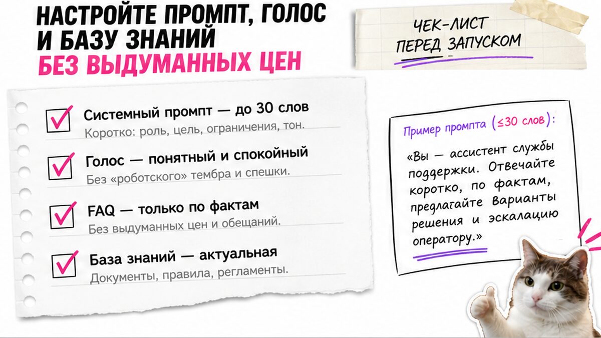 Чеклист настройки промпта, голоса и базы знаний без выдуманных цен