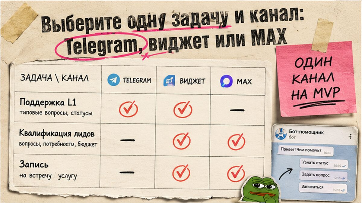 Сравнение задач и каналов чат-бота: Telegram, виджет, MAX