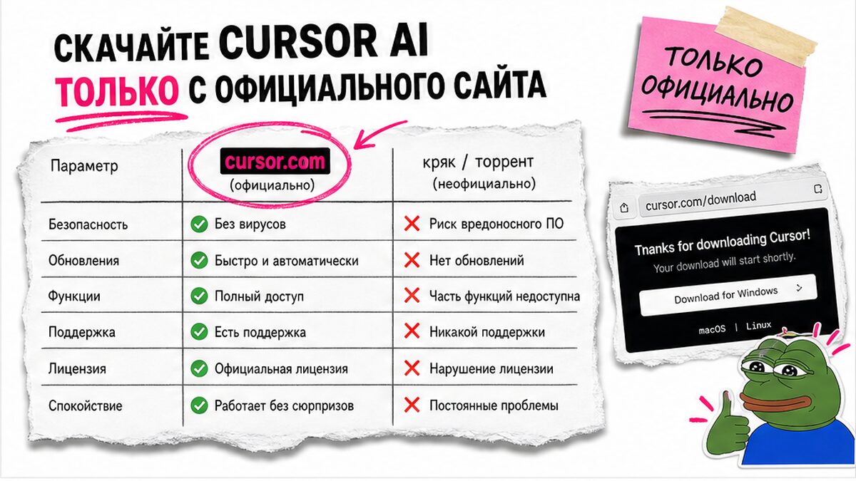 Сравнение официального cursor.com и неофициальных источников установки Cursor AI
