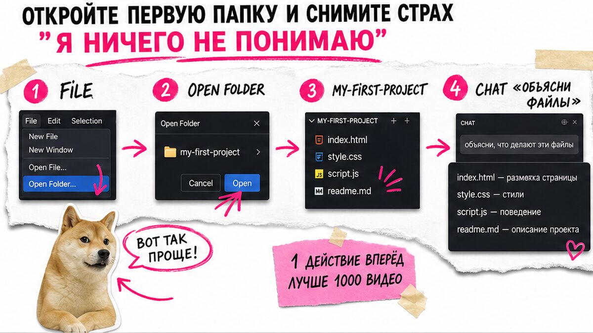 Схема первых шагов: открыть папку проекта и задать первый Chat-запрос в Cursor