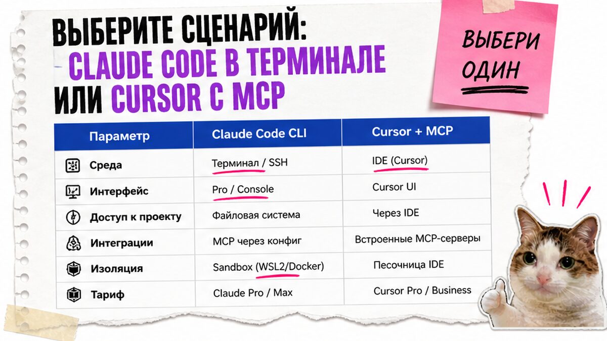 Сравнение Claude Code в терминале и Cursor с MCP: таблица критериев на коллажном мокапе