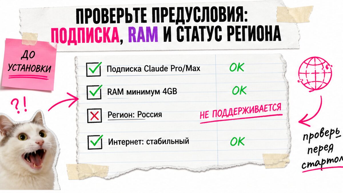 Чеклист предусловий Claude Code: подписка Pro, RAM и статус региона России