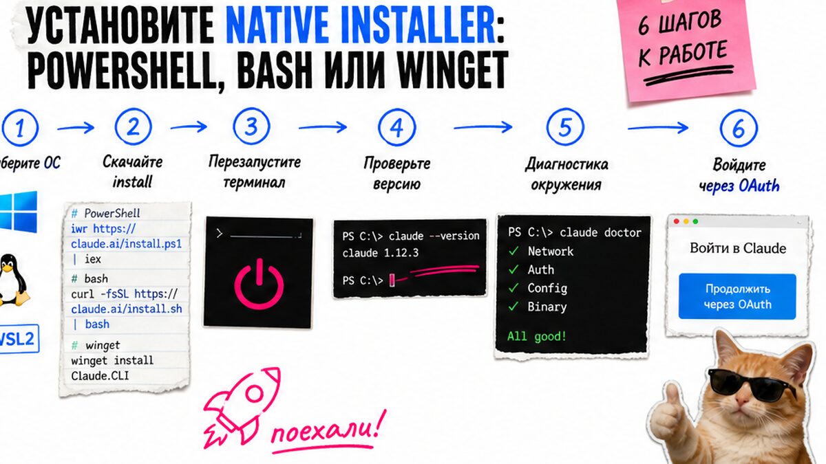 Workflow native install Claude Code: PowerShell, bash, WinGet и claude doctor