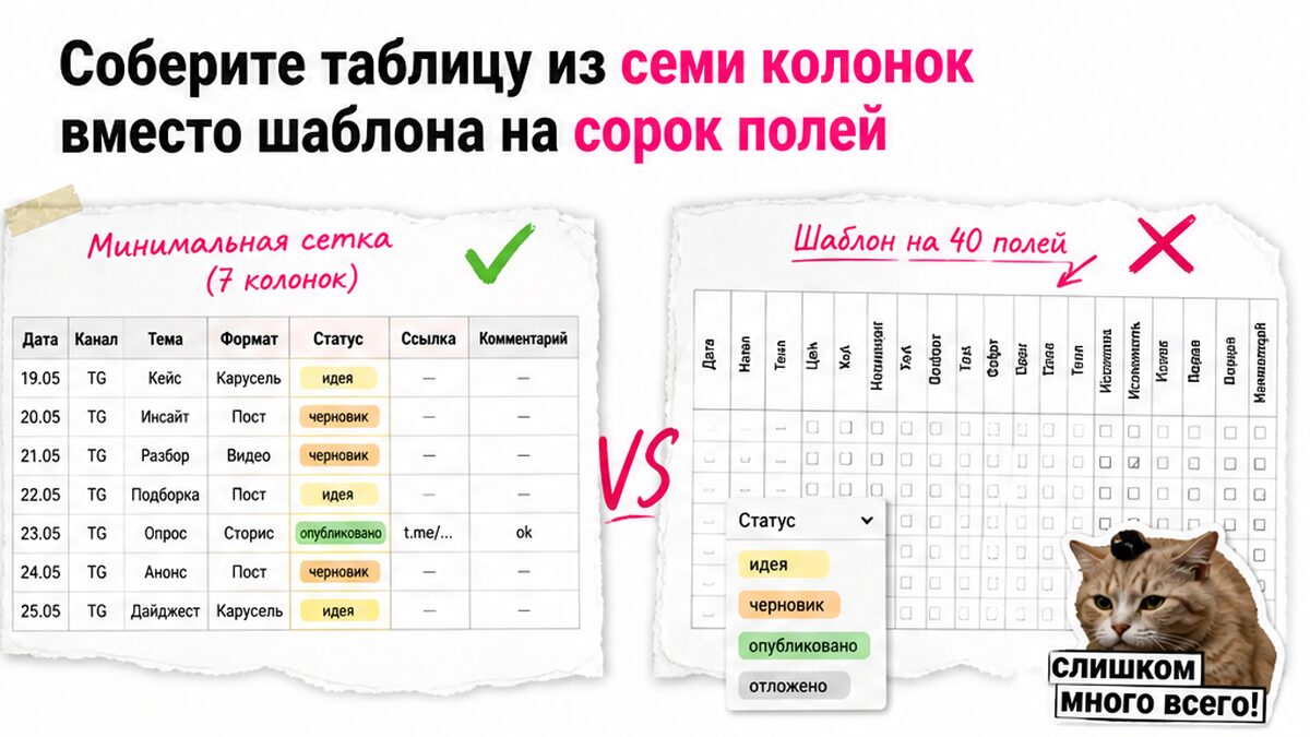 Сравнение: семь колонок контент-плана против шаблона на сорок полей в Google Таблицах