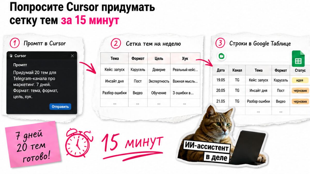 Схема: Cursor генерирует сетку тем за 15 минут и заполняет строки контент-плана