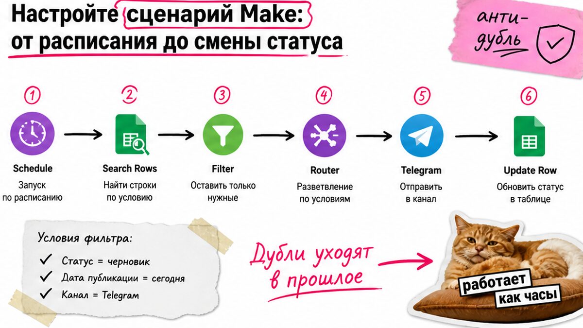 Чеклист сценария Make: расписание, поиск строк, публикация в Telegram и смена статуса