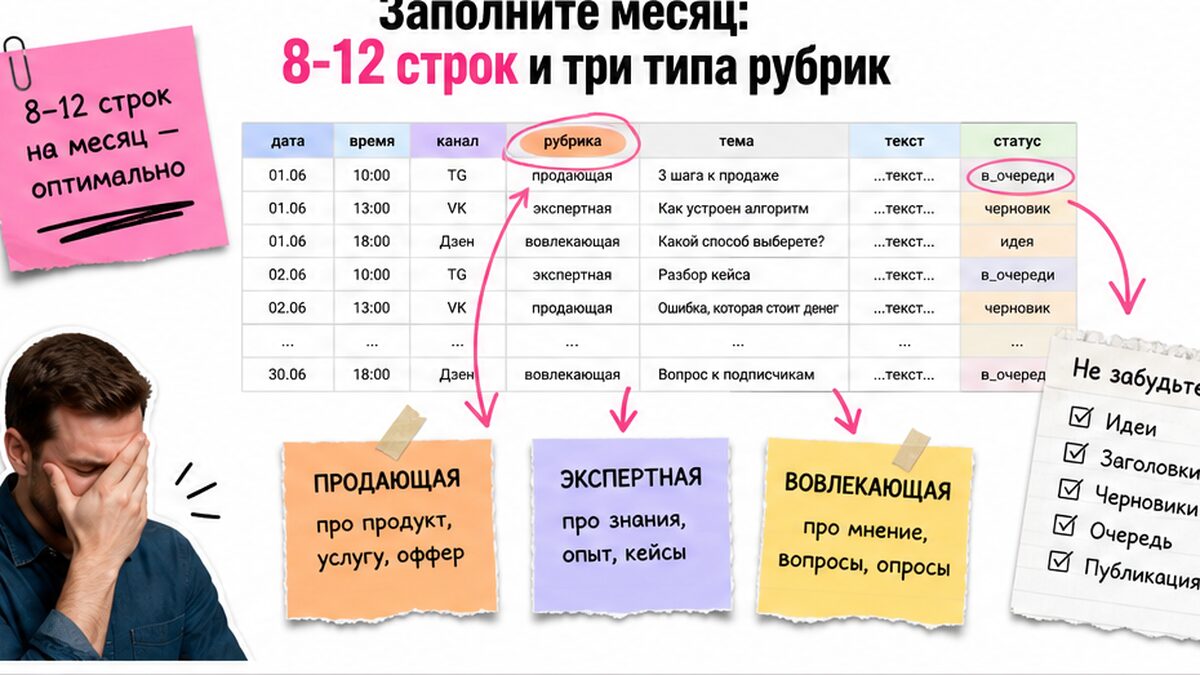 Workflow: как заполнить месяц контент-плана — 8-12 строк и три типа рубрик