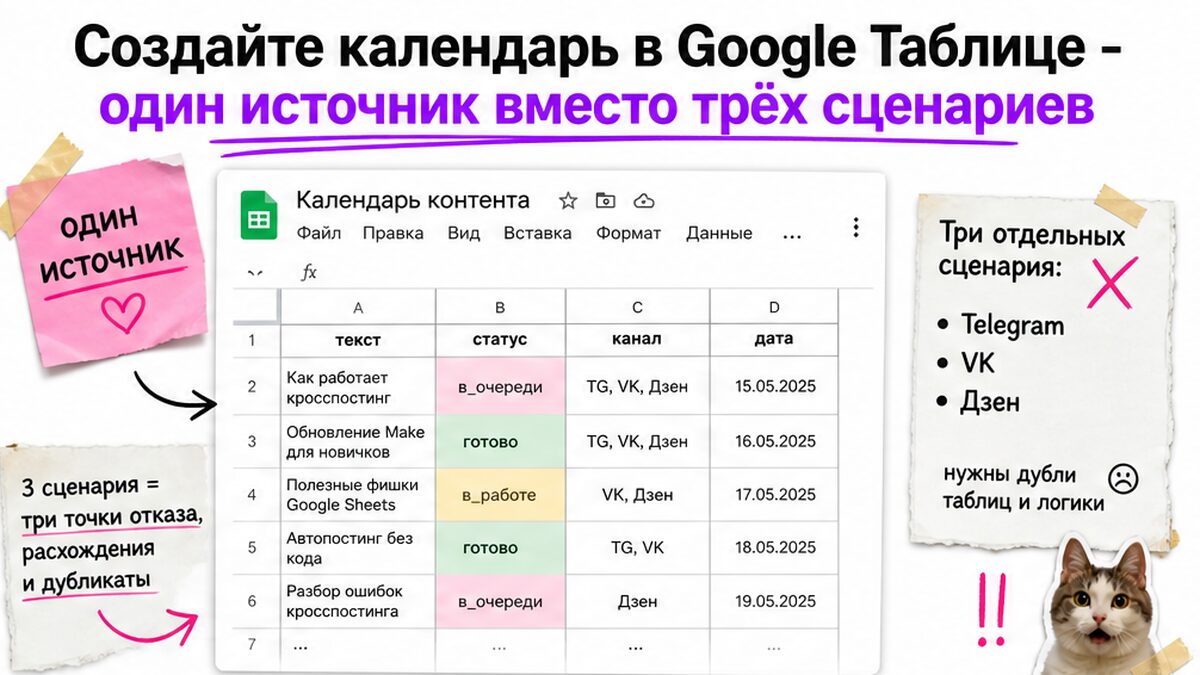 Сравнение: один календарь Google Таблицы вместо трёх сценариев кросспостинга