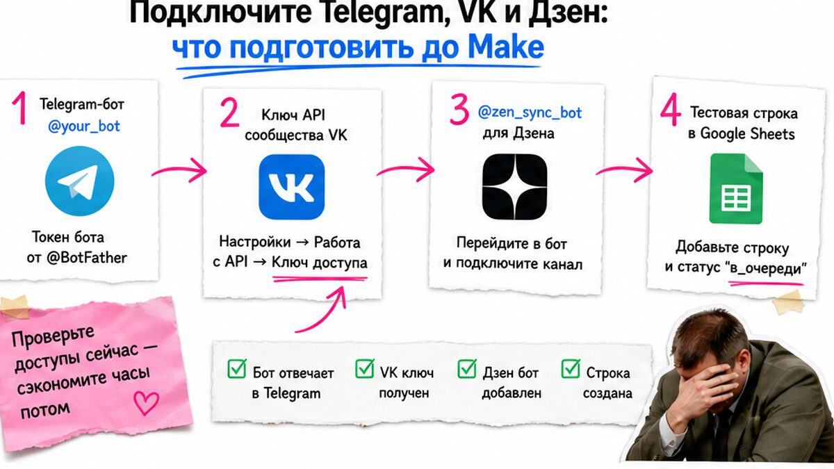 Схема подготовки: Telegram-бот, ключ VK, синхробот Дзена перед Make