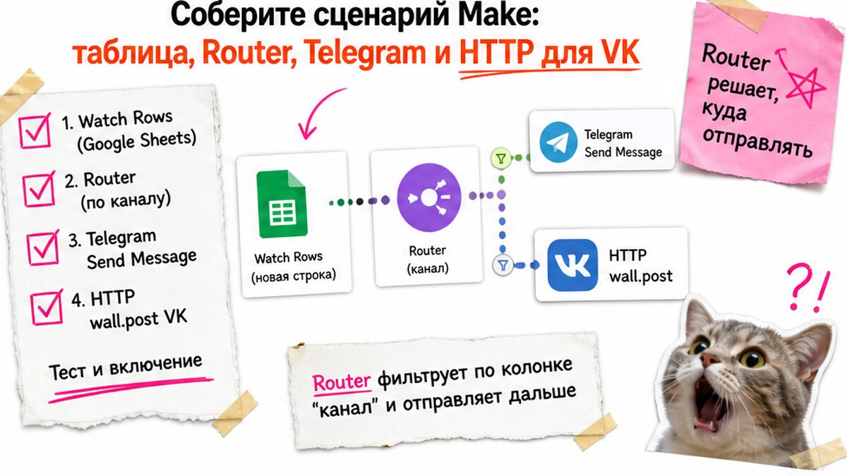 Чеклист сценария Make: таблица, Router, Telegram и HTTP для VK