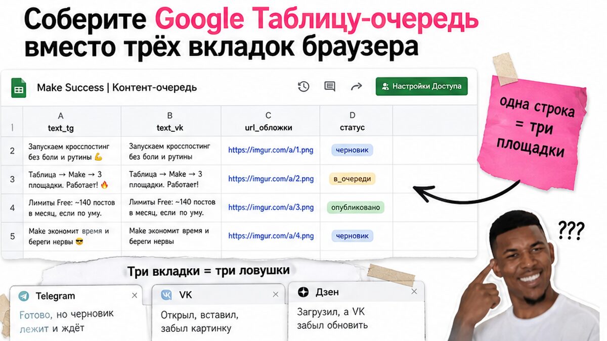 Таблица-очередь Google Sheets для кросспостинга вместо трёх вкладок браузера