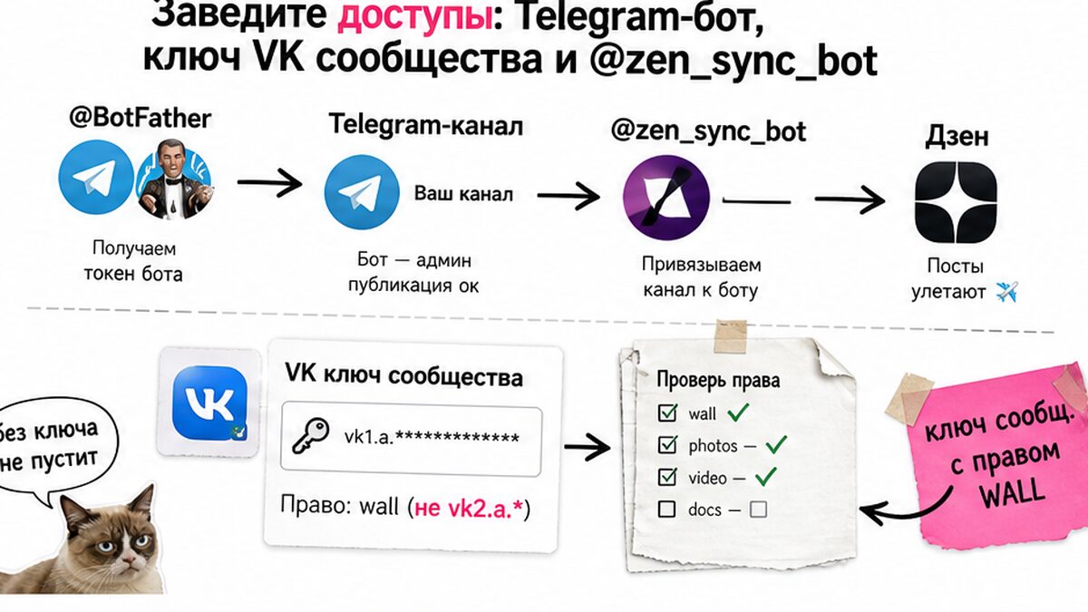 Workflow доступов: Telegram-бот, ключ VK сообщества и @zen_sync_bot для Дзена