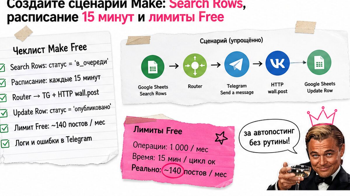 Чеклист сценария Make: Search Rows, Router, лимиты Free и расписание 15 минут