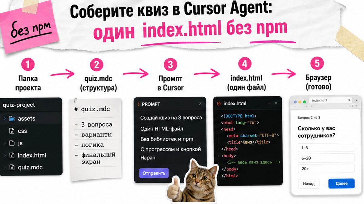 Схема сборки квиза в Cursor: папка, правило quiz.mdc, index.html, проверка в браузере