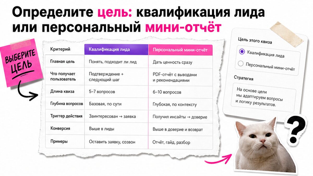 Сравнение целей квиза: квалификация лида или персональный мини-отчёт по ответам