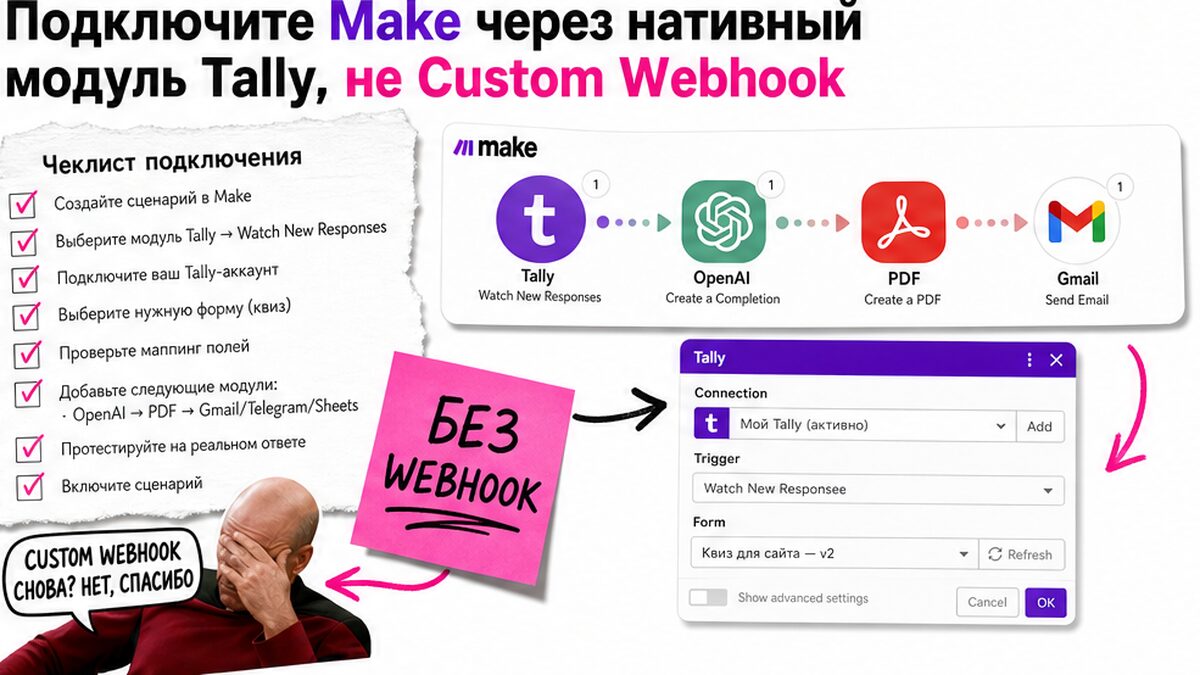Чеклист: подключение Make через нативный модуль Tally вместо Custom Webhook