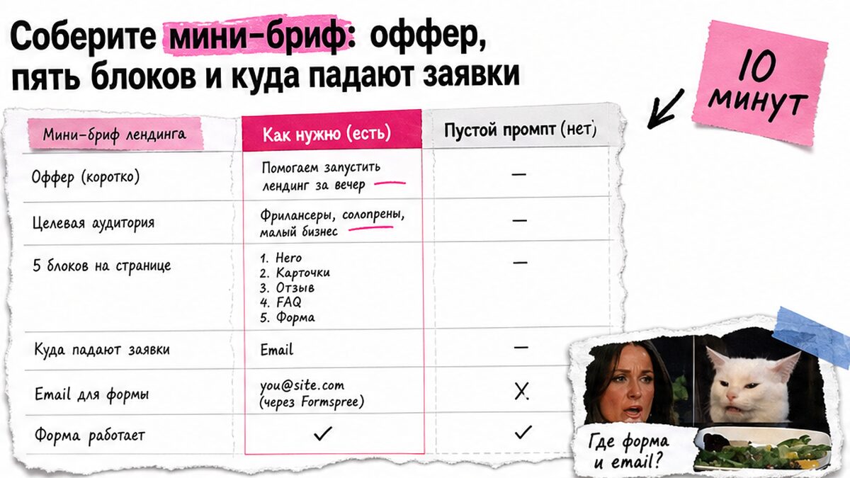 Мини-бриф лендинга: оффер, пять блоков и куда падают заявки