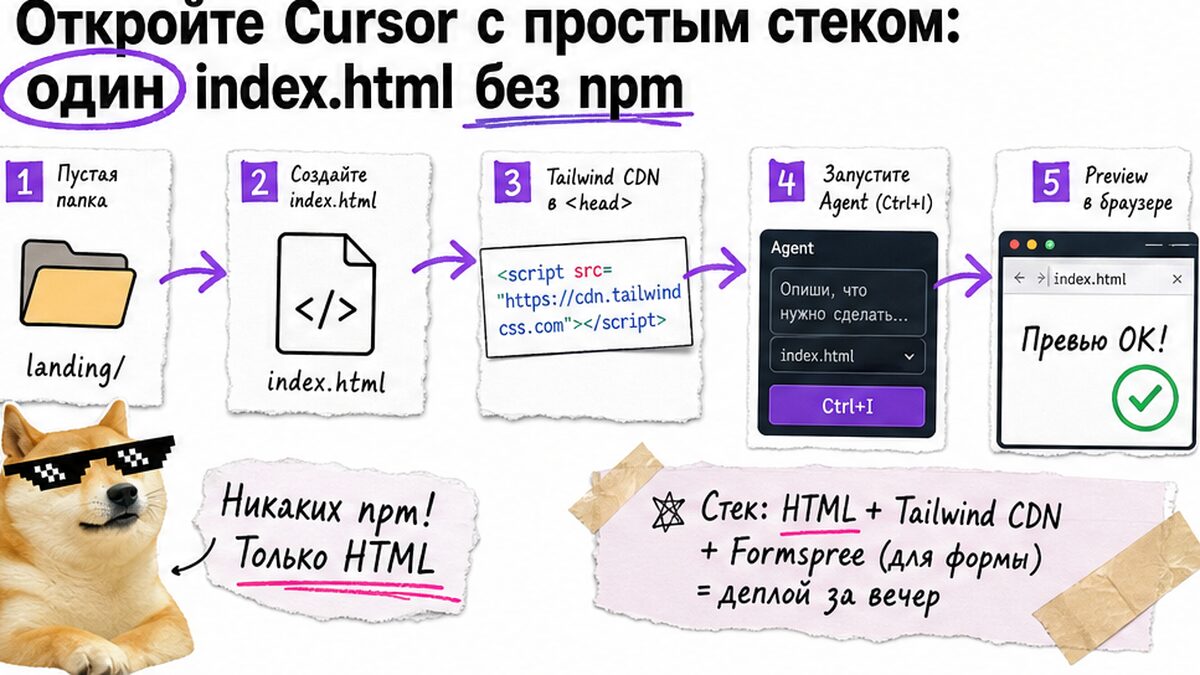 Схема: один index.html в Cursor без npm и фреймворков