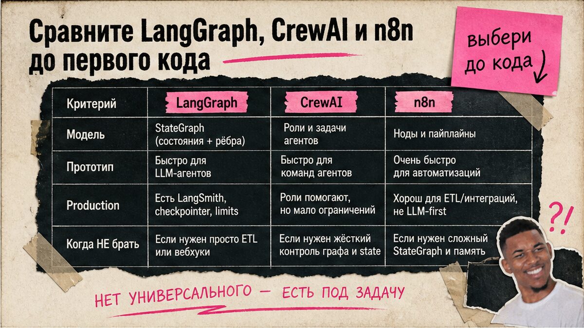 Сравнительная таблица LangGraph, CrewAI и n8n: критерии выбора фреймворка