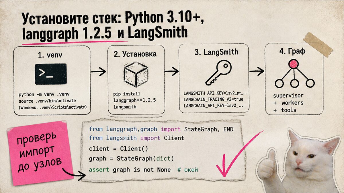 Workflow-диаграмма установки стека LangGraph: Python, pip, LangSmith