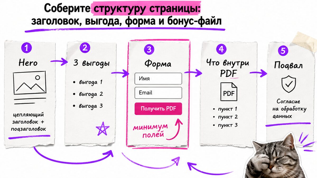 Схема структуры лендинга: hero, выгоды, форма и PDF-бонус