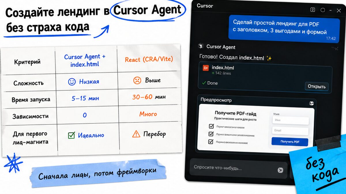Сравнение: лендинг в Cursor Agent против React для первого лид-магнита