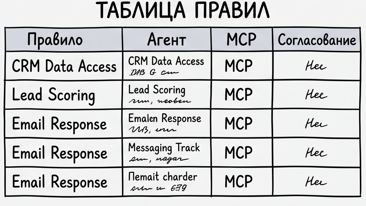 Таблица: разделение workflow на правила, агента, MCP и approval