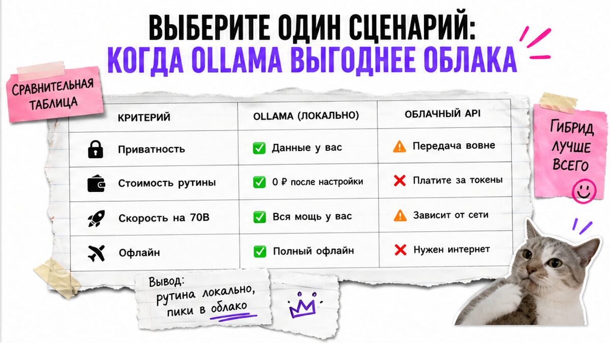 Сравнение локальной Ollama и облачного API: приватность, стоимость, скорость, офлайн