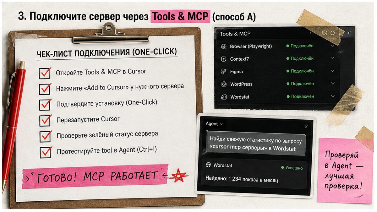 Чеклист подключения MCP через Tools & MCP: Add to Cursor, перезапуск, зелёный статус
