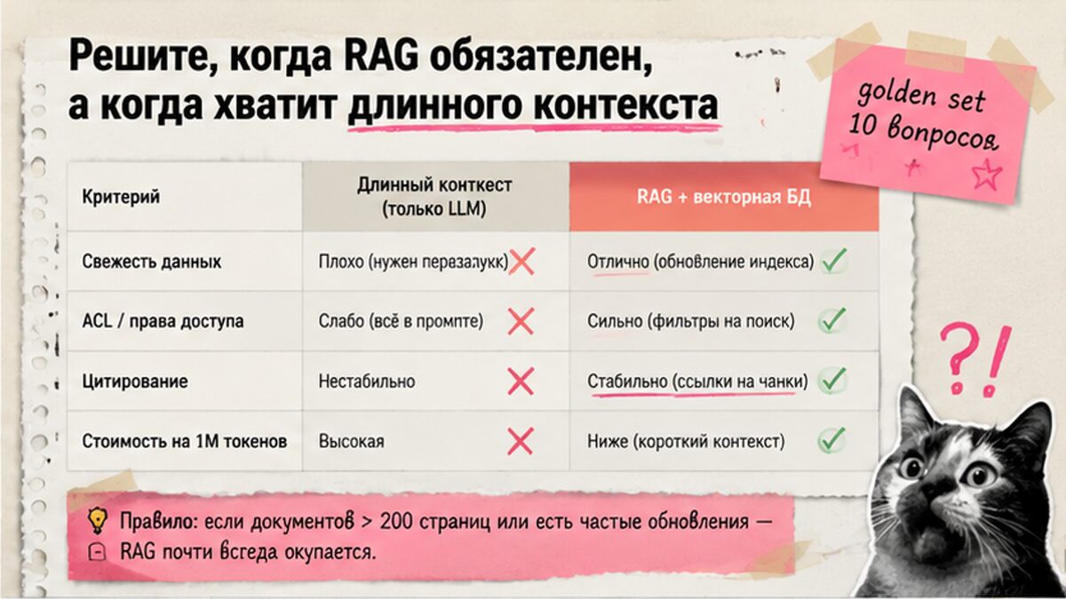 Таблица сравнения: когда нужен RAG, а когда хватит длинного контекста