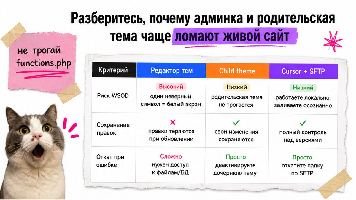 Сравнение способов правки WordPress: админка, child theme и Cursor по SFTP