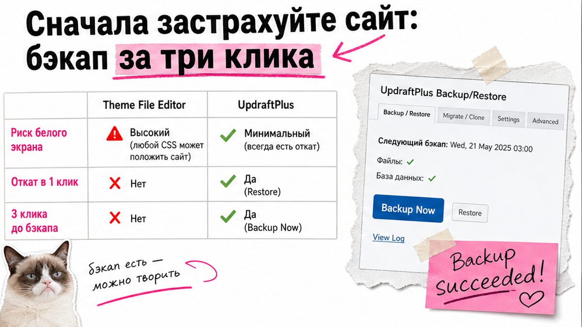 Сравнение: правки в редакторе темы без бэкапа vs UpdraftPlus за три клика