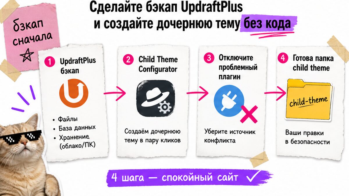 Схема: бэкап UpdraftPlus и создание дочерней темы WordPress без кода