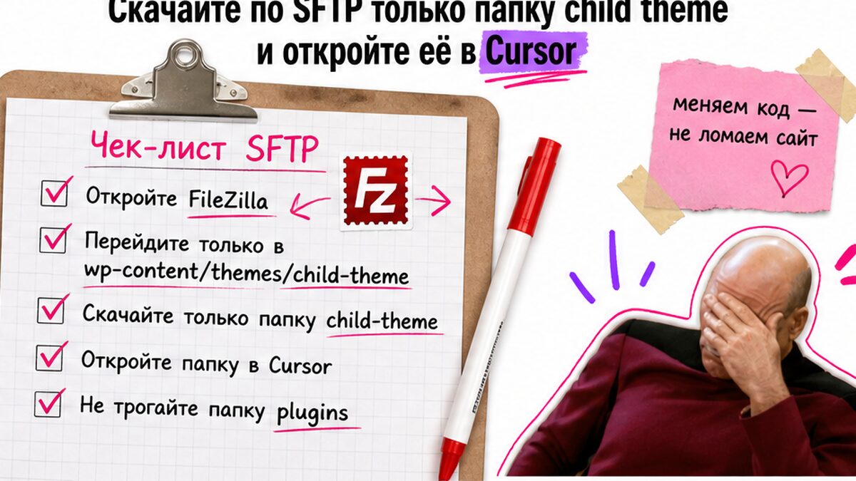 Чеклист: скачать папку child theme по SFTP и открыть в Cursor AI