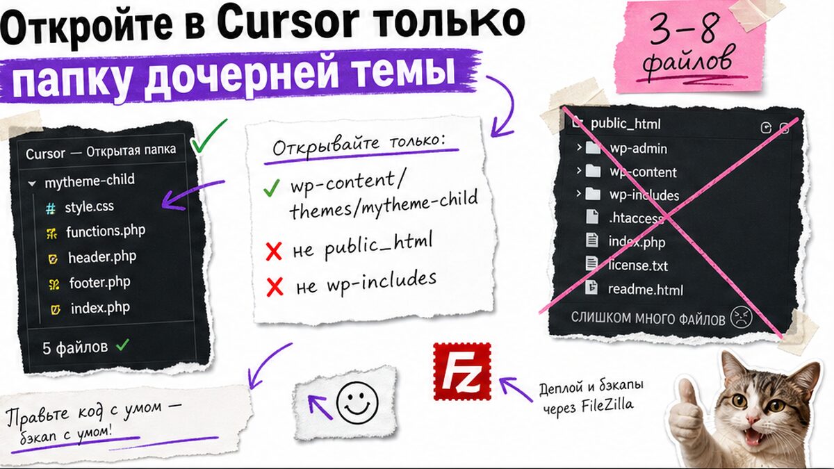 Чеклист: в Cursor открывать только папку дочерней темы, не весь сайт