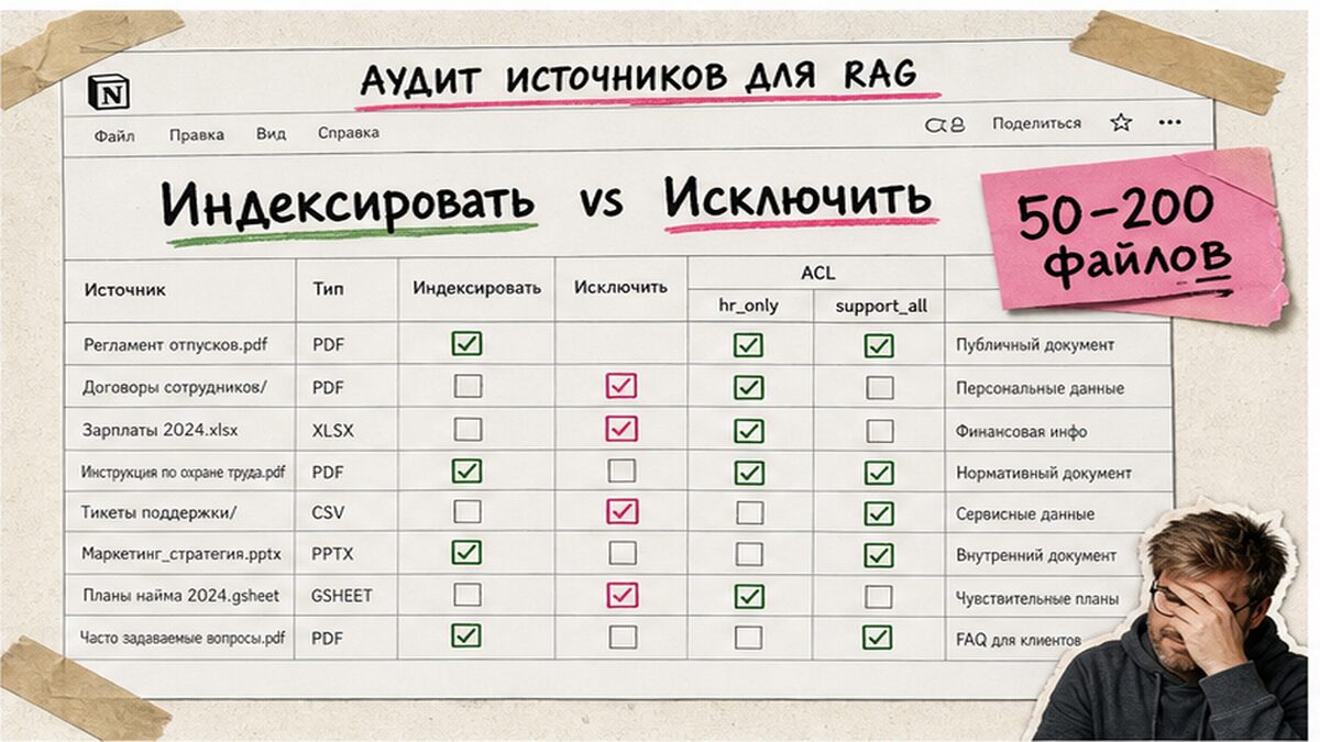 Таблица аудита RAG-источников: что индексировать, ACL и что исключить из корпуса