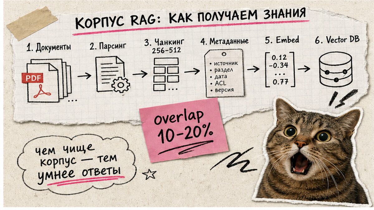 Схема подготовки корпуса RAG: парсинг, чанкинг 256–512 токенов и метаданные на чанк