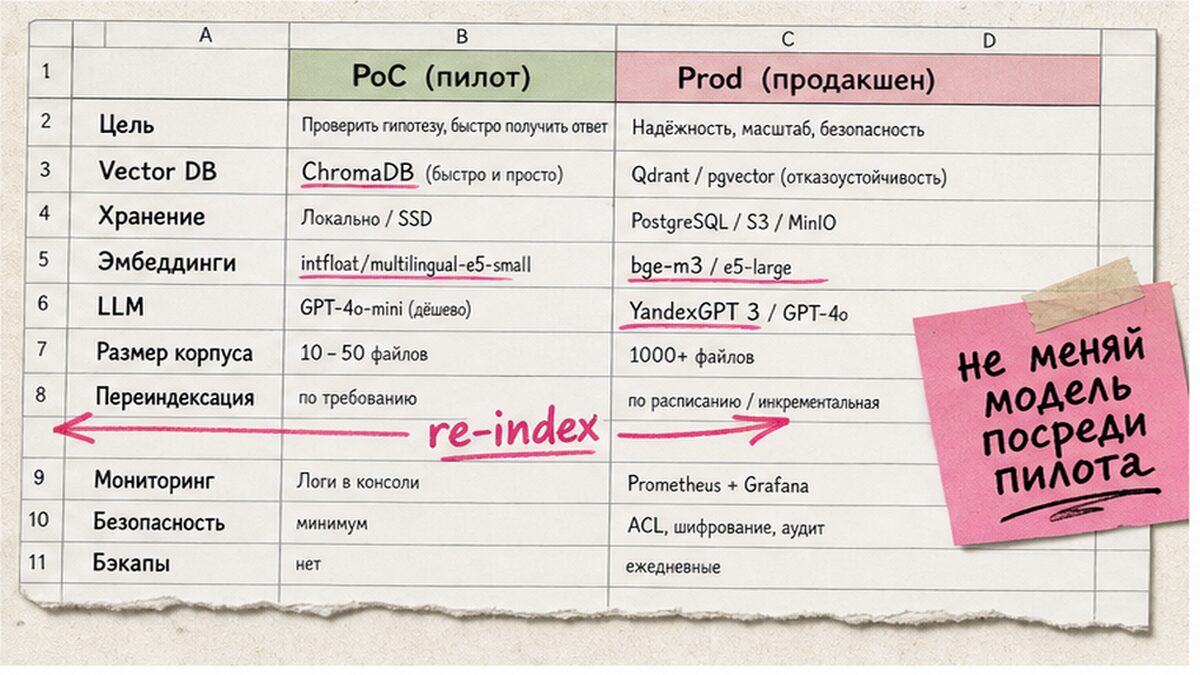 Сравнение стека RAG PoC и prod: vector DB, embeddings, LLM и сроки внедрения