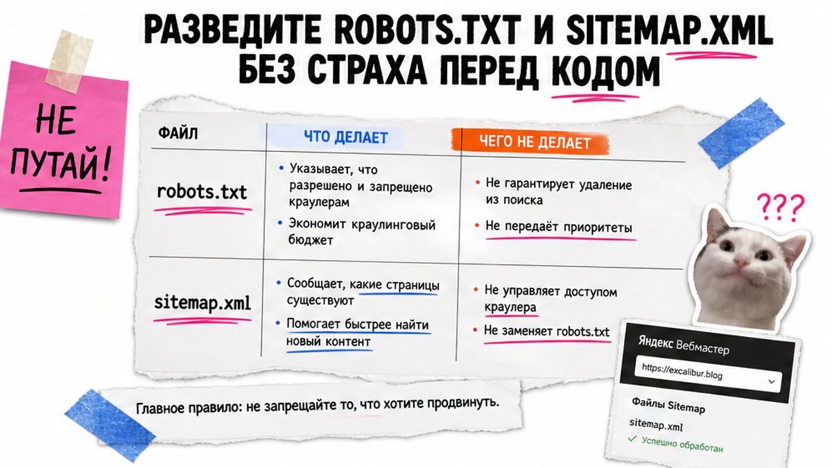 Сравнение robots.txt и sitemap.xml: таблица «что делает / чего не делает»