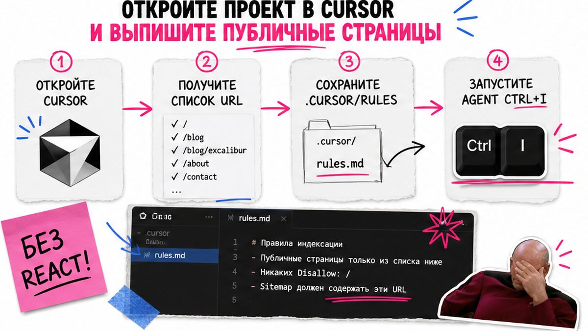 Схема: открыть проект в Cursor, выписать публичные страницы и подготовить Agent