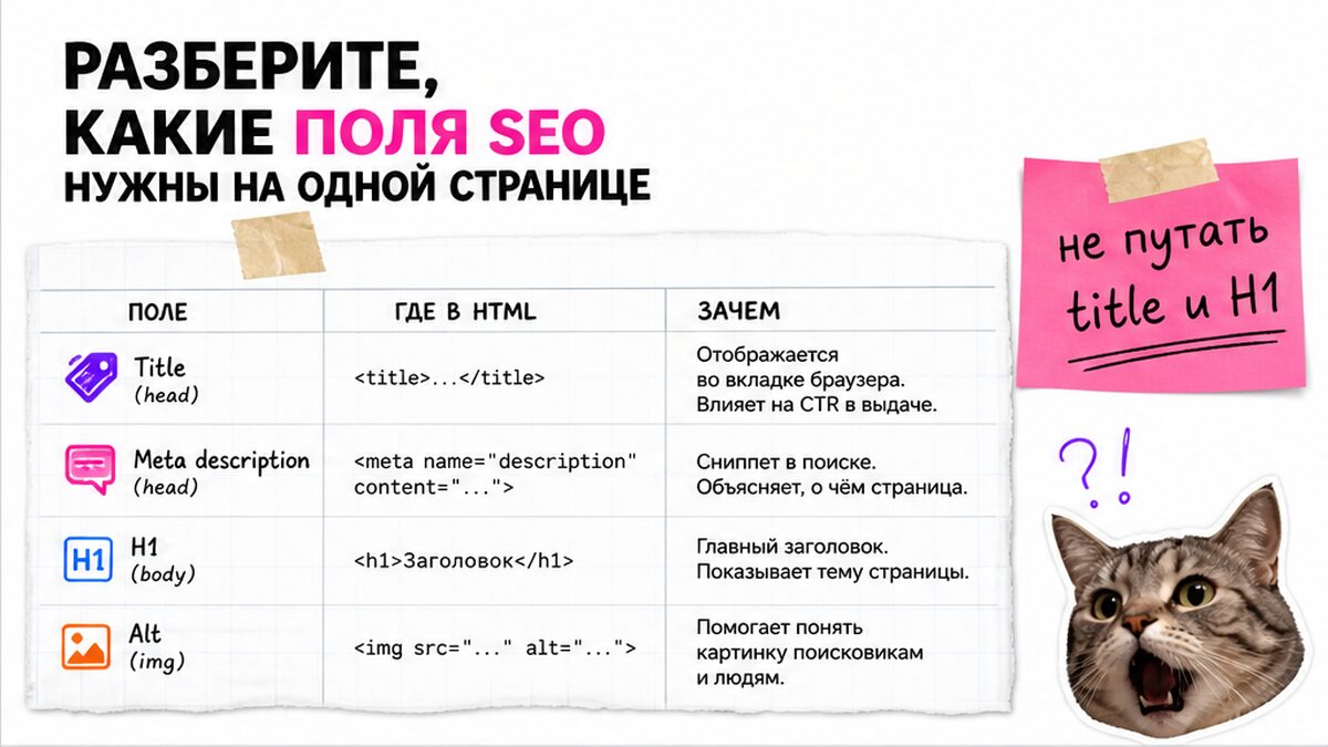Таблица полей SEO: title, meta description, H1 и alt — где в HTML и зачем нужны