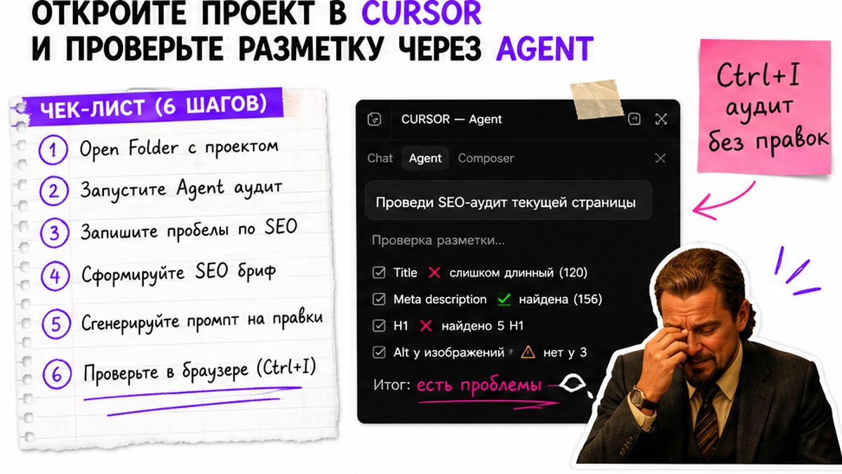 Чеклист: открыть проект в Cursor и проверить разметку через Agent перед правками SEO