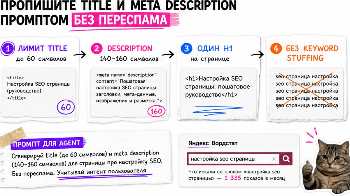 Схема: промпт для title и meta description в Cursor с лимитами символов без переспама ключей