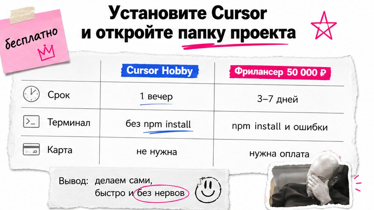 Сравнение Cursor Hobby и заказа лендинга у фрилансера — установка Cursor