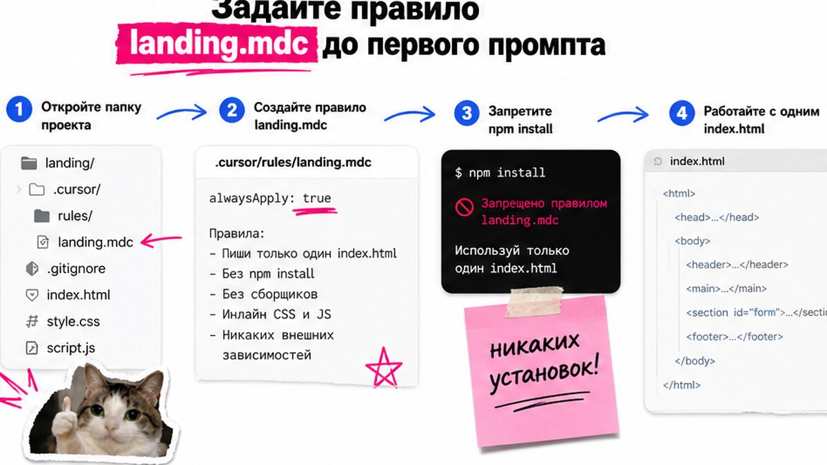 Workflow: правило landing.mdc с alwaysApply до первого промпта в Agent