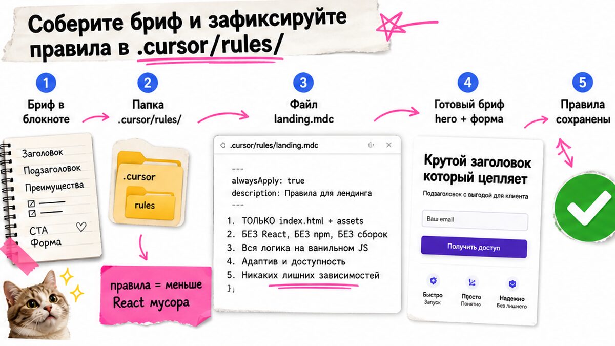 Схема шагов: бриф, правила landing.mdc в .cursor/rules/ и запрет React и npm