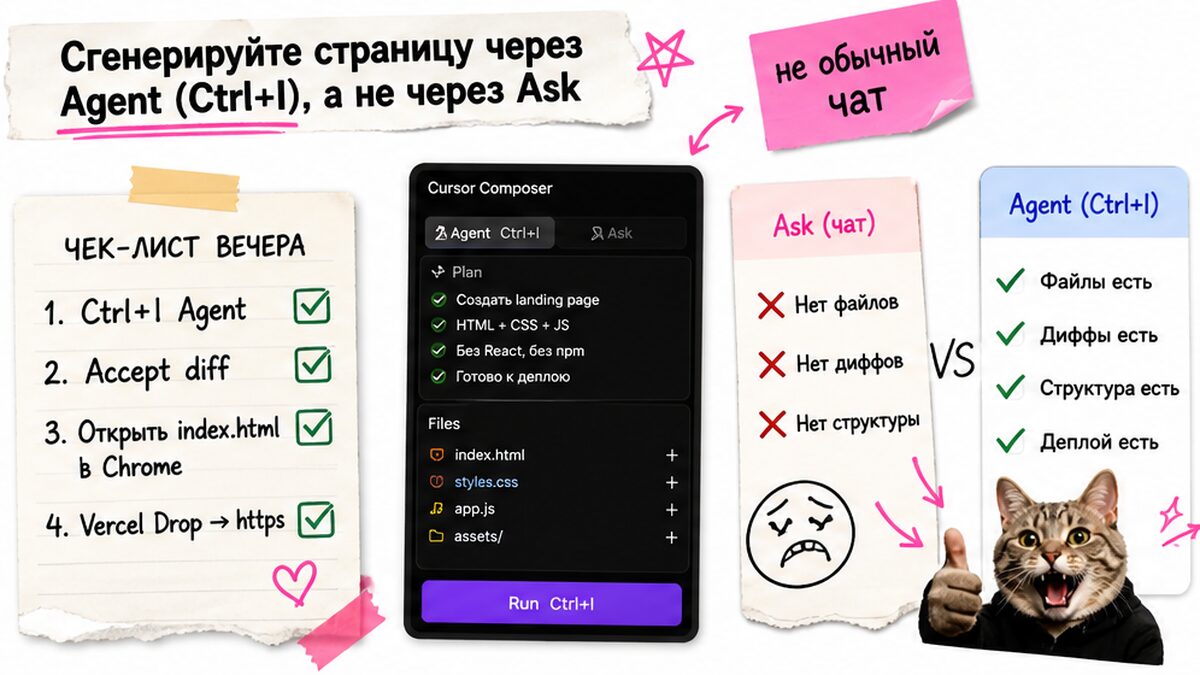 Чеклист вечера: Agent Ctrl+I, Accept, проверка в браузере и публикация через Vercel Drop